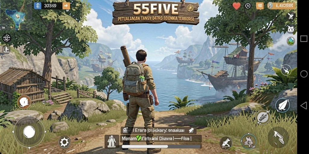 Screenshot gameplay menunjukkan eksplorasi luas dalam 55FIVE.