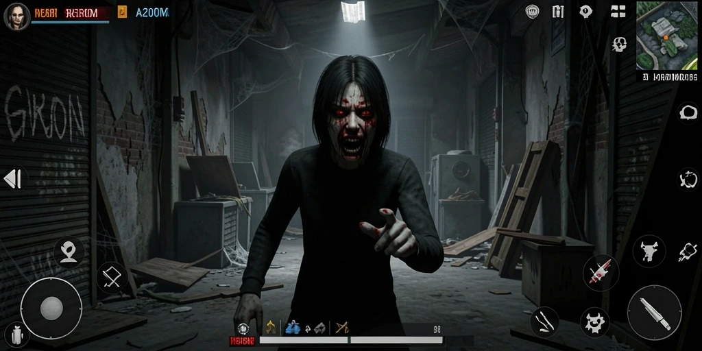 Tangkapan layar dari gameplay menegangkan A200M di lingkungan yang menyeramkan.