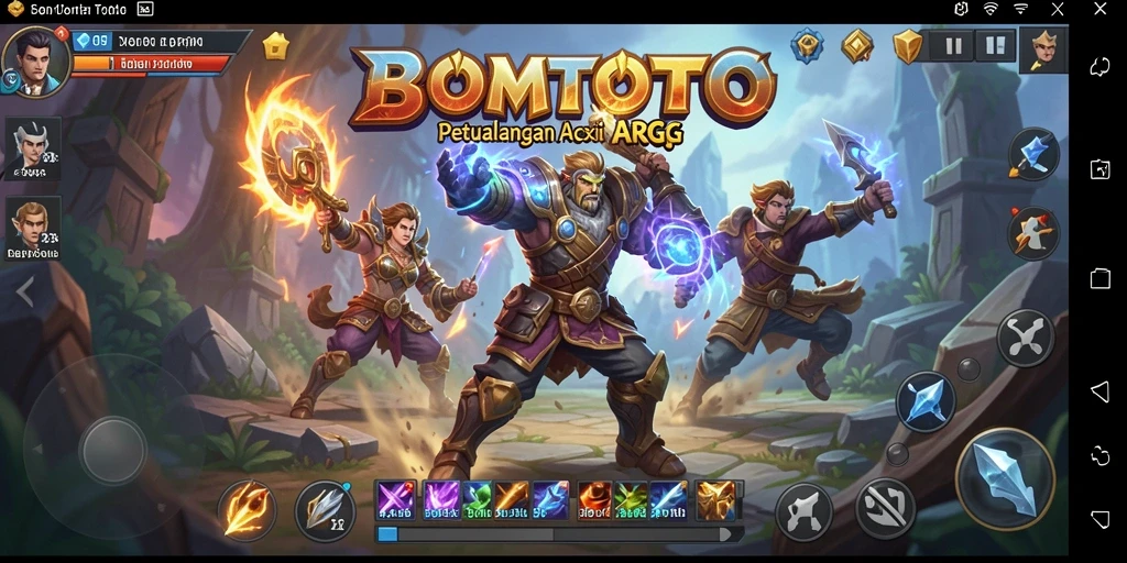 Tampilan gameplay fantastis dalam BOMTOTO menampilkan pertarungan epik dan karakter yang kaya.