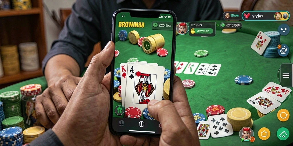 Screenshot gameplay BROWIN88 menampilkan kartu dan meja Gaple dengan grafis menarik.