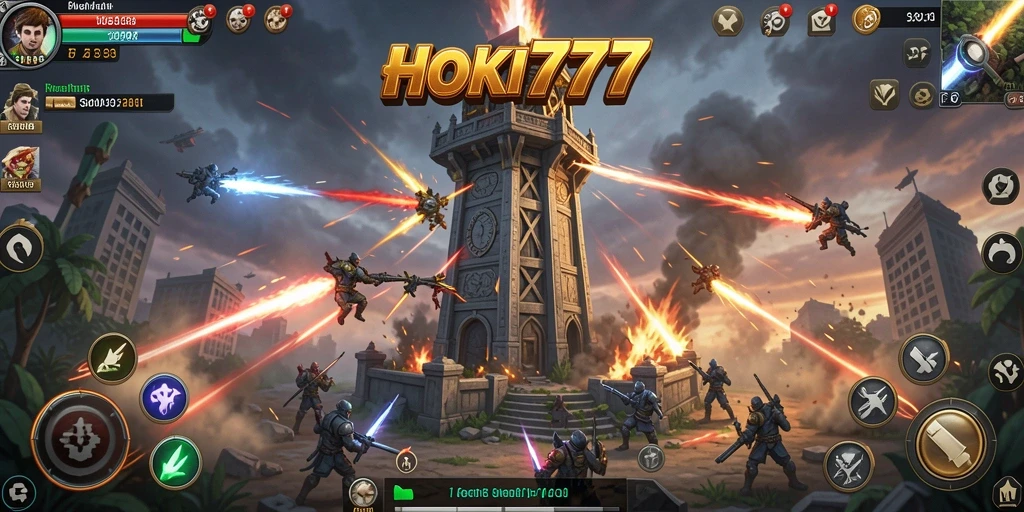 Tampilan gameplay HOKI777 dengan menara dan musuh dalam aksi.