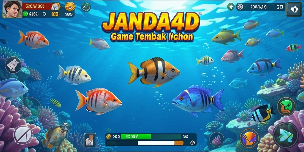 Screenshot gameplay JANDA4D menunjukkan ikan dengan warna-warna cerah dan aksi menembak yang seru.