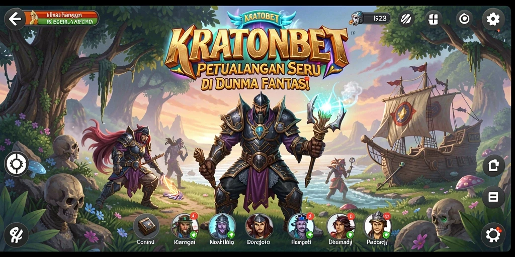 Tangkapan layar gameplay KRATONBET menunjukkan pertempuran seru dan karakter yang beragam.