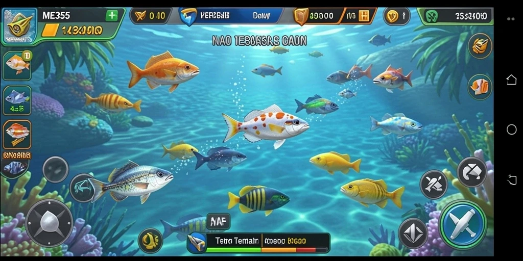 Tampilan gameplay seru dalam ME355, menembak ikan berwarna-warni.