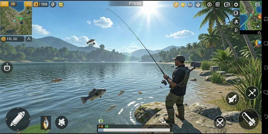 Gameplay seru PT89 dengan berbagai lokasi memancing yang indah.