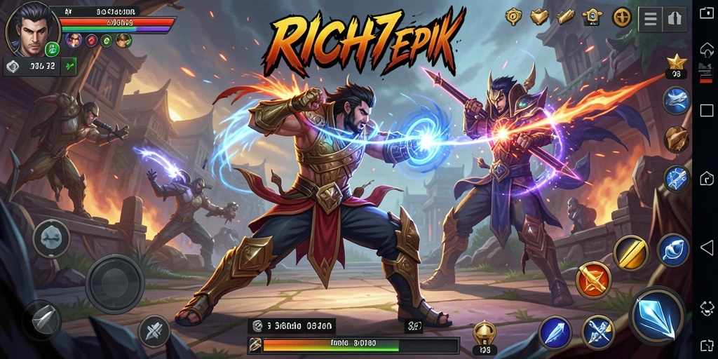 Gameplay <strong>RICH7</strong> menampilkan pertarungan mendebarkan di arena yang bervariasi.