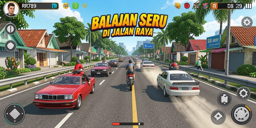 Screenshot utama gameplay RR789 menampilkan aksi balap yang mendebarkan.