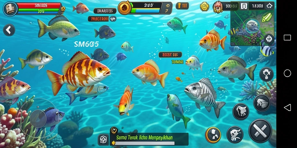 Screenshot gameplay SM605 menampilkan aksi tembak ikan yang seru.